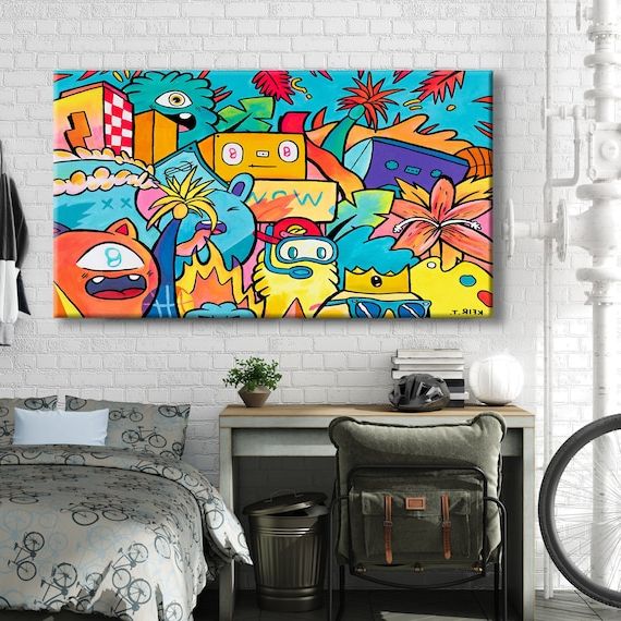Graffiti Style Wall Art Intended For Recent Graffiti Style Wall Art Colorato Grande / Piccolo Canvas Art – Etsy Italia (View 12 of 15)