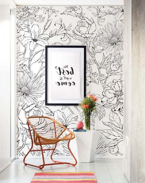 Hand Drawn Wall Art Throughout Popular Botanical Garden Hand Drawn Flowers Accent Mural Wallpaper – Etsy (Photo 5 of 15)