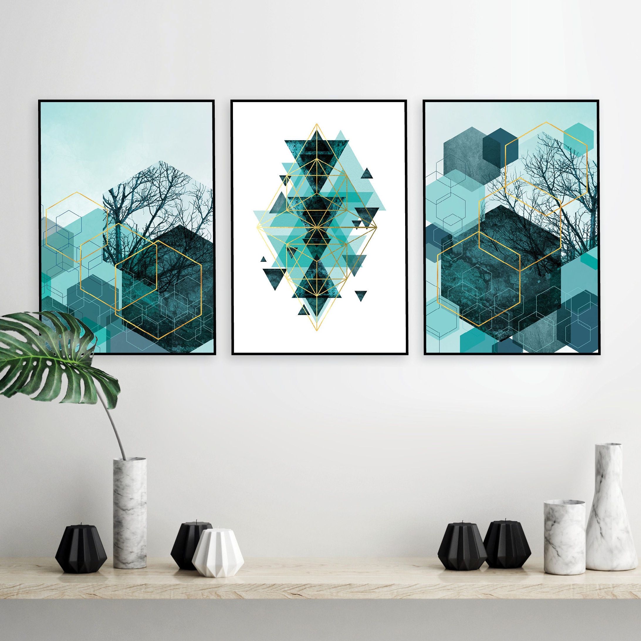 Latest Digital Download Set Of 3 Matching Prints Teal Turquoise – Etsy Intended For Teal Hexagons Wall Art (View 3 of 15)