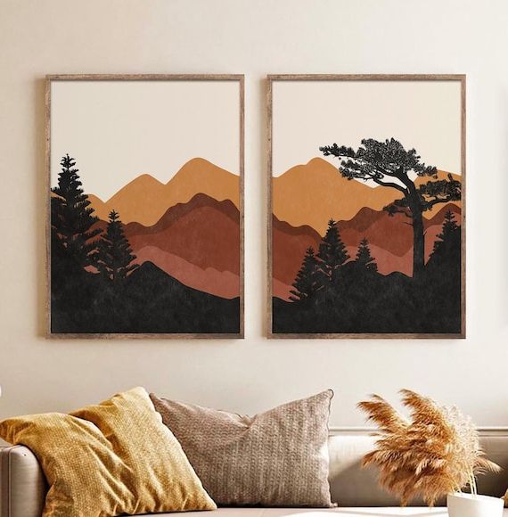 Most Popular Mountains Wall Art Within Abstract Mountain Wall Art Set De 2 Estampes Mid Century – Etsy France (View 4 of 15)