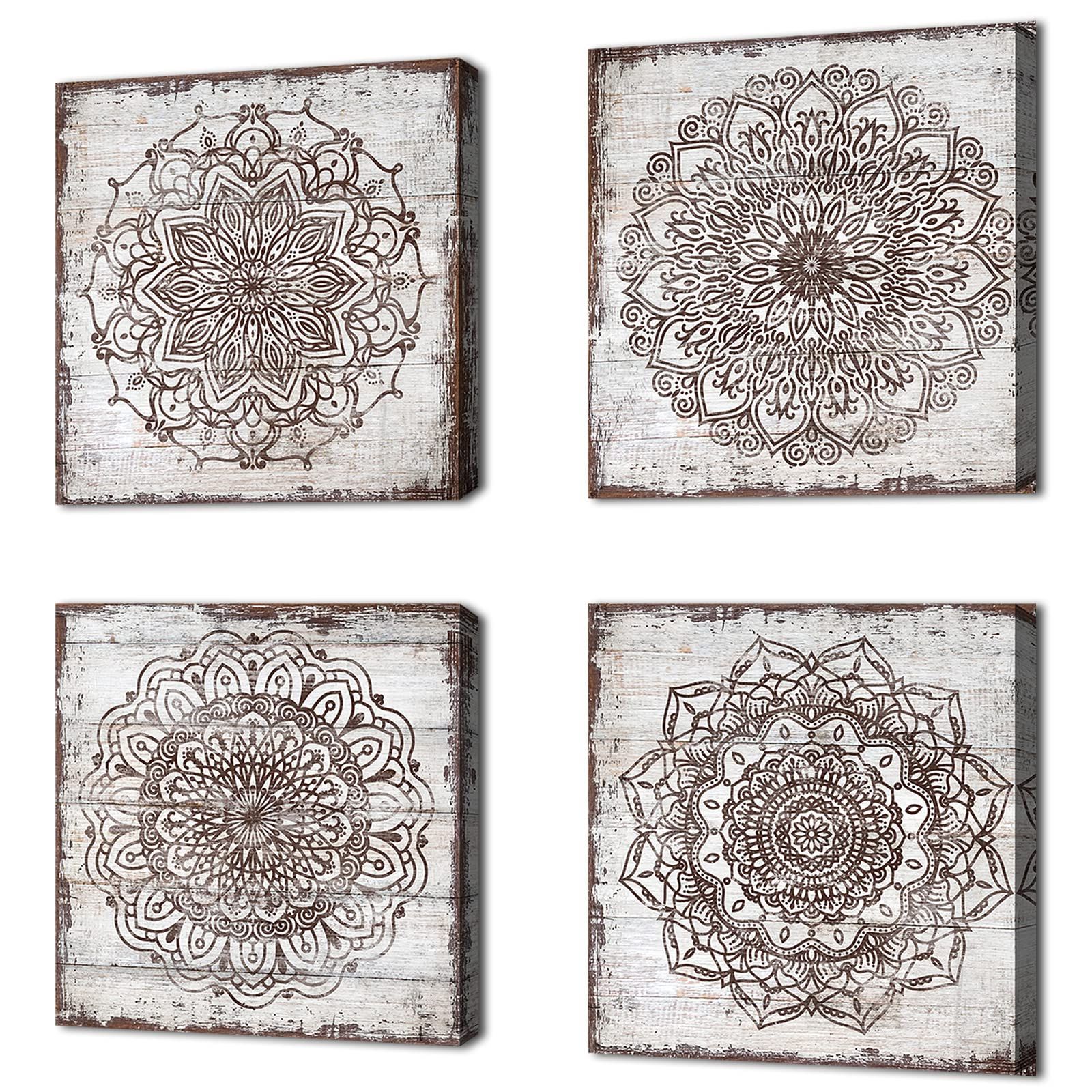Most Recent Vintage Rust Wall Art Inside Amazon: Vintage Flower Pattern Canvas Wall Art For Bedroom Wall Decor  Rustic Bohe Floral Pictures Rust Geometric Wood Planks Canvas Prints Artwork  For Bathroom Office Home Decoration 12" X 12" X 4 (Photo 13 of 15)