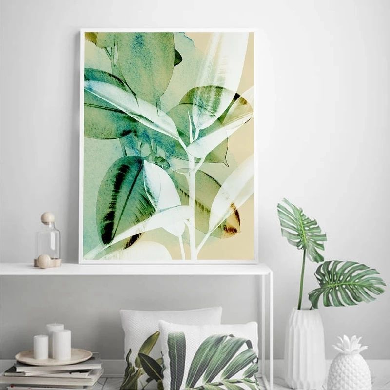 Most Recently Released Abstract Tropical Foliage Wall Art Regarding Plant Abstract Tropical Wall Art Canvas Print Large Botanical Watercolour  Rubber Tree Leaf Poster Painting Home Room Wall Decor – Painting &  Calligraphy – Aliexpress (View 5 of 15)