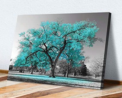 Most Recently Released Large Tree Turquoise Teal Leaves Black White Canvas Wall Art Picture Print  (8in X 12in / 20cm X 30cm) : Amazon.co (View 10 of 15)