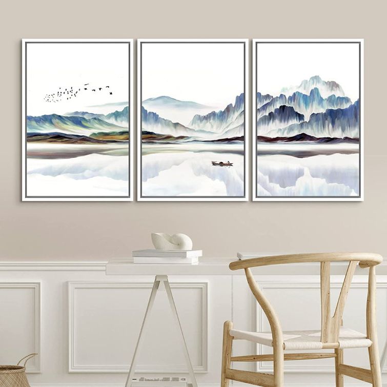 Mountain Lake Wall Art Regarding 2017 Idea4wall Framed Wall Art Print Set Watercolor Mountain Lake Landscape With  Boat Nature Wilderness Illustrations Modern Art Rustic Colorful Pastel For  Living Room, Bedroom, Office – 3 Piece Floater Frame Print On (View 10 of 15)