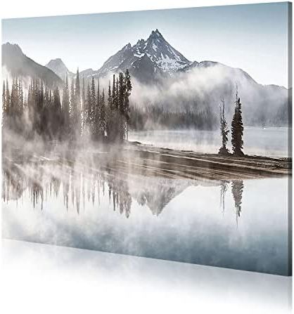Mountains In The Fog Wall Art With Regard To 2017 Amazon: Mountain Forest Wall Art Canvas – Nature Landscape Shadow Lake  Picture Modern Snowy Misty Mountains Painting With Pine Trees Artwork For  Bedroom Bathroom : Everything Else (View 9 of 15)