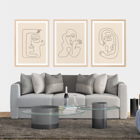 Popular Line Abstract Wall Art With Regard To Set Di 3 Face Line Art Print Abstract Wall Art Living Room – Etsy Italia (View 10 of 15)
