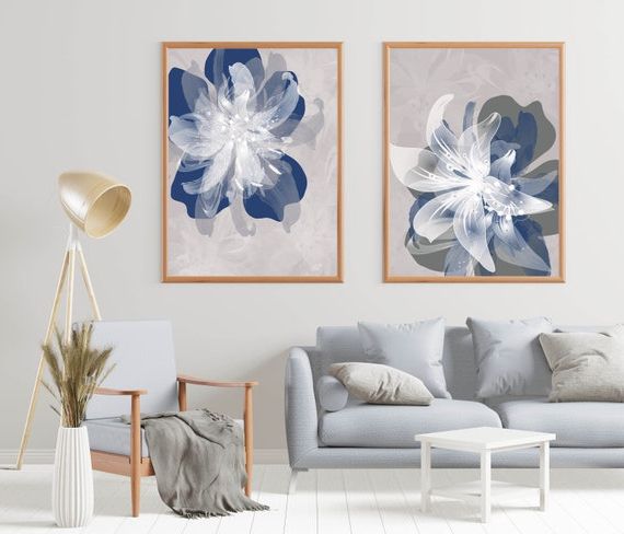 Poster Print Wall Art Inside Trendy Navy Blue Gray Flower Wall Art Prints Large Poster Print – Etsy (View 4 of 15)