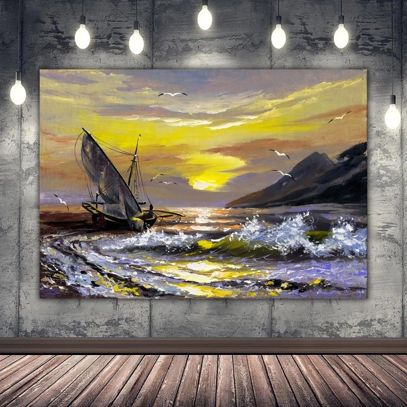Seascape With Sunset Canvas Print, Sunset Landscape Wall Art, Old Style Wall  Print, Landscape Painting For Home Within Most Up To Date Sunset Landscape Wall Art (Photo 8 of 15)