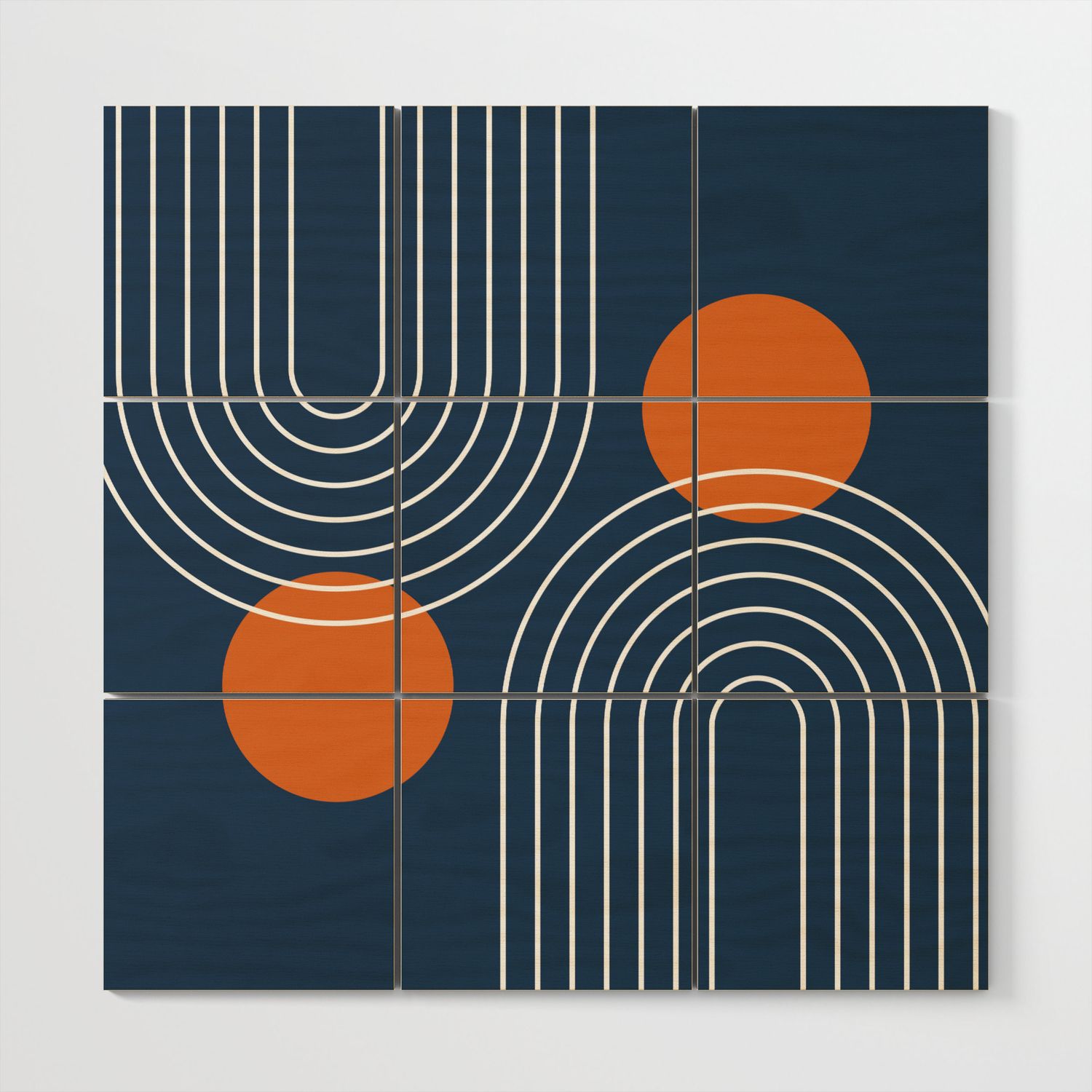 Sun Abstraction Wall Art Intended For Famous Mid Century Modern Geometric 83 In Navy Blue And Orange (rainbow And Sun  Abstraction) Wood Wall Artnineflorals (View 3 of 15)