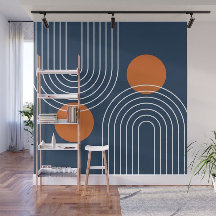 Sun Abstraction Wall Art Intended For Most Recent Mid Century Modern Geometric 83 In Navy Blue And Orange (rainbow And Sun  Abstraction) Wall Muralnineflorals (View 6 of 15)