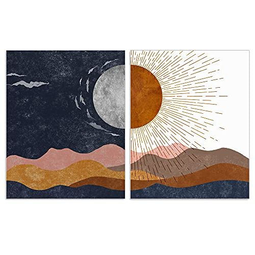 Sun Abstraction Wall Art Within Fashionable Amazon: Sun And Moon, Boho Art, Decorative Wall Art, Desert Prints,  Modern Abstract Art, Sunshine Decor, Bedroom Wall Art, Above Bed, Set Of 2  Prints Unframed (large) : Handmade Products (View 1 of 15)