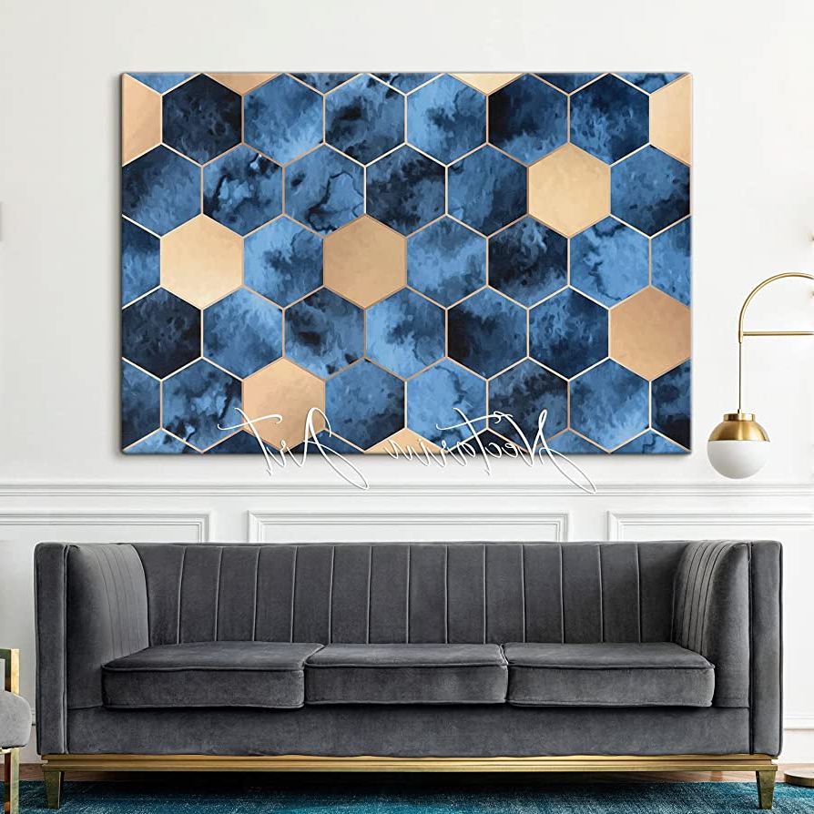 Teal Hexagons Wall Art Intended For Well Known Amazon: Blue Hexagon Geometric Print, Gold Abstract Wall Art, Printable  Contemporary Art, Luxury Living Room Decor, Bedroom Artwork Poster 5  Panels/w: 75 X H: 48 Inch: Posters & Prints (View 12 of 15)