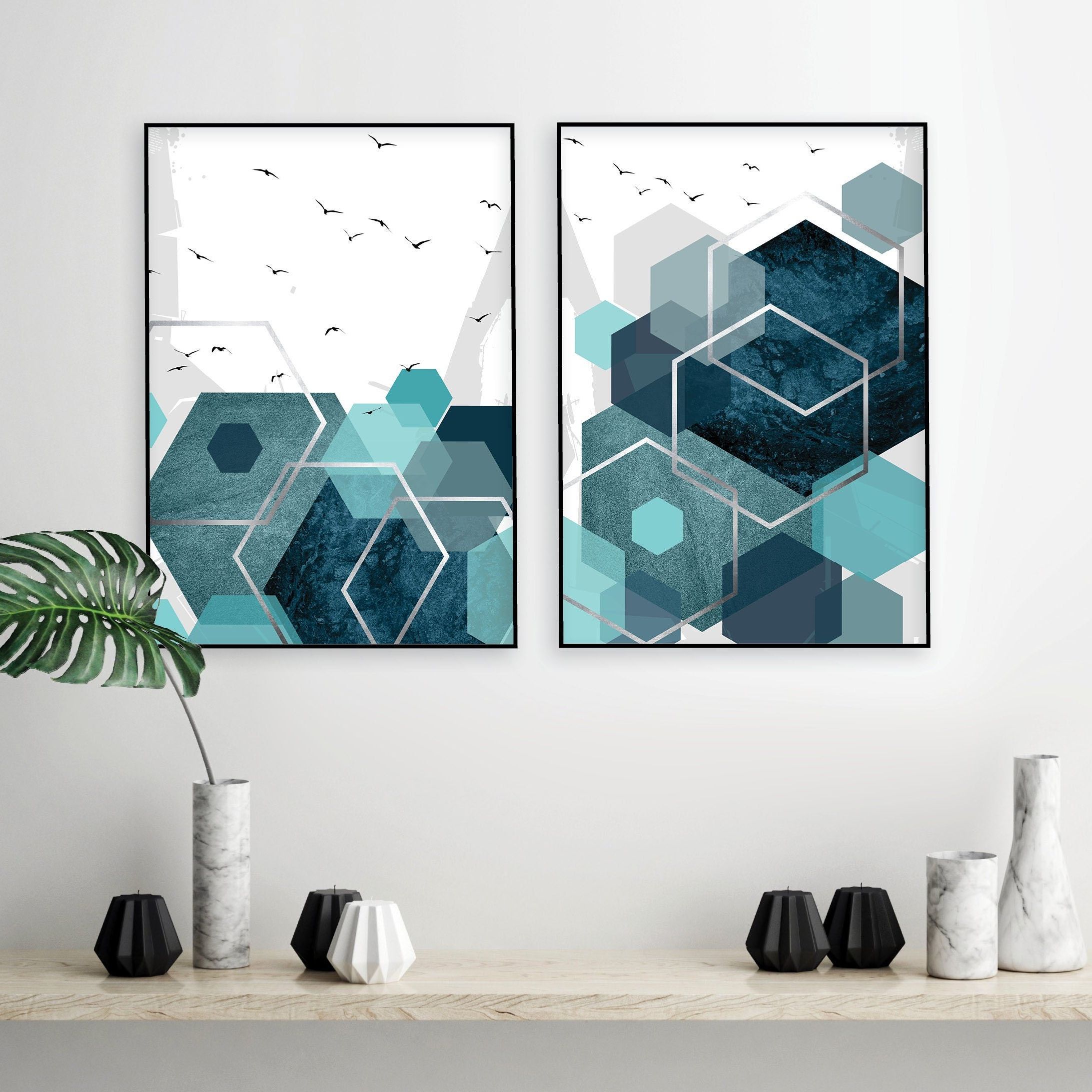 Teal Hexagons Wall Art Within 2017 Set Of 2 Printable Abstract Art Prints In Teal Aqua Turquoise – Etsy Ireland (View 13 of 15)
