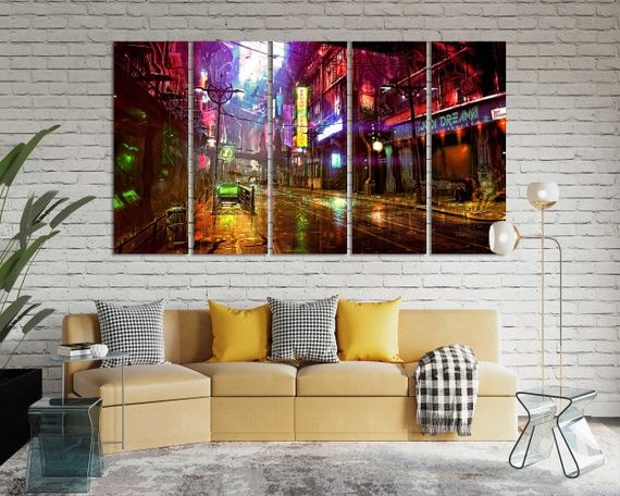 Town Wall Art Within Latest Future World Night Colorful City Wall Painting Art Futuristic – Etsy Italia (View 13 of 15)