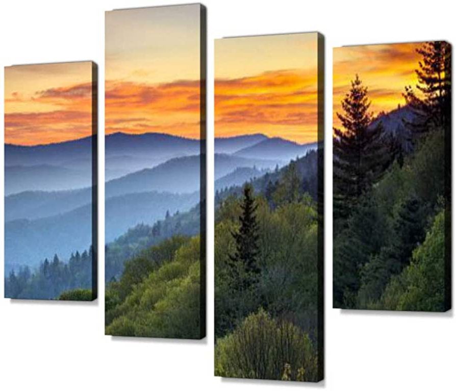 Trendy Amazon: Great Smoky Mountains National Park Scenic Sunrise Landscape At  Oconaluftee Canvas Wall Art Hanging Paintings Modern Artwork Abstract  Picture Prints Home Decoration Gift Unique Designed Framed 4 Panel: Posters  & Prints Within Smoky Mountain Wall Art (View 14 of 15)