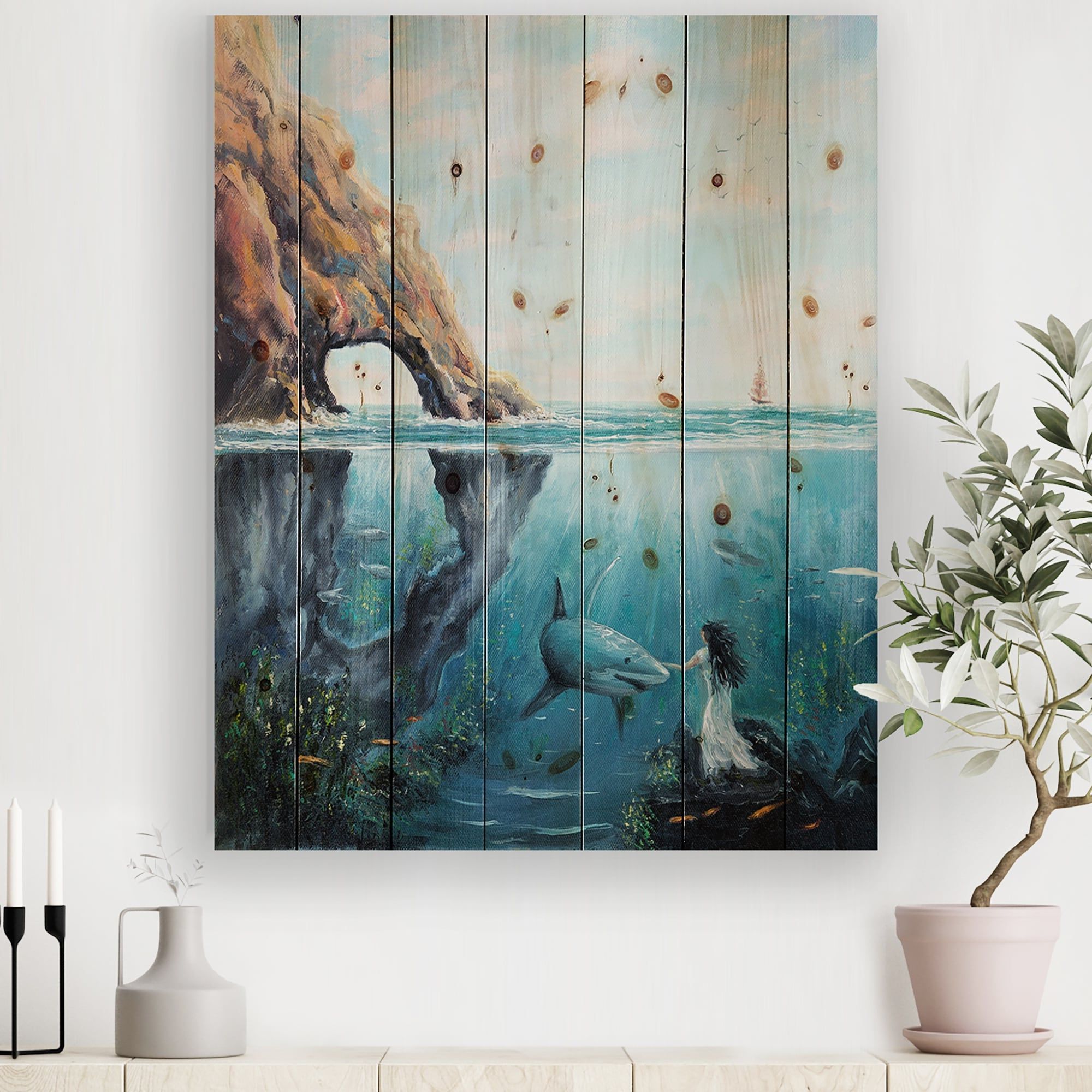 Underwater Wood Wall Art Within Most Current Designart 'underwater Fairy And Shark Ocean And Mountain World'  Nautical & Coastal Print On Natural Pine Wood – Overstock –  (View 6 of 15)