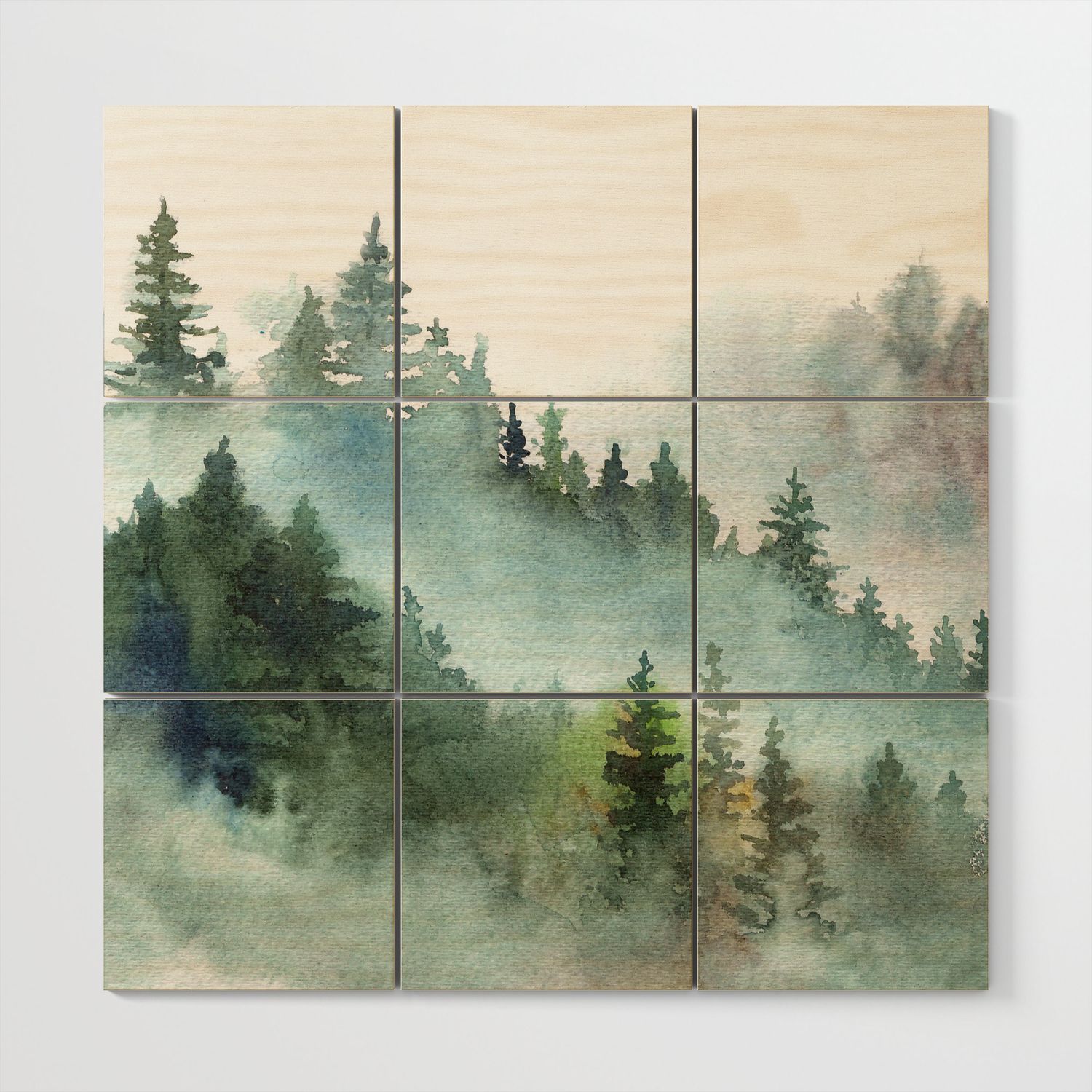 Watercolor Pine Forest Mountains In The Fog Wood Wall Arttaranealarts (View 13 of 15)