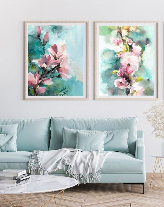 Watercolor Wall Art In Well Known Turquoise Wall Art Pink Watercolor Prints Set Of 2 Spring – Etsy Sweden (View 10 of 15)