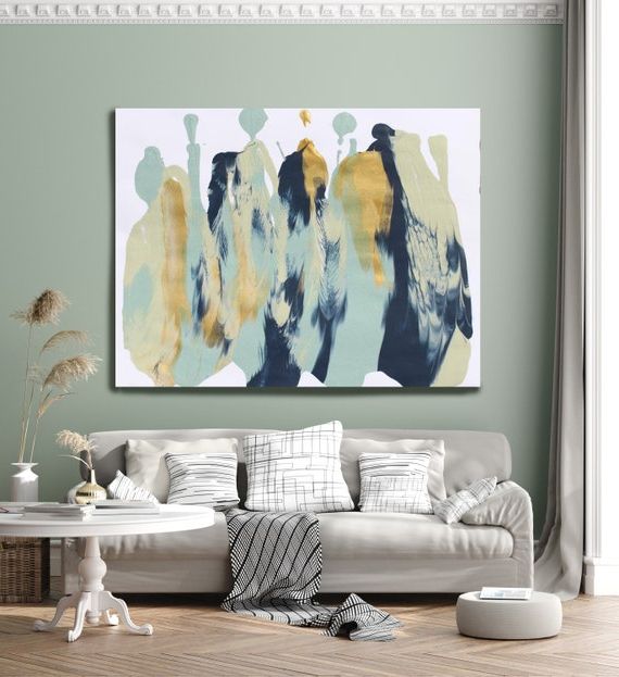 Well Known Abstract Flow Wall Art With Regard To Feather Flow Pale Turquoise Gold Blue Abstract Painting Modern – Etsy France (Photo 13 of 15)