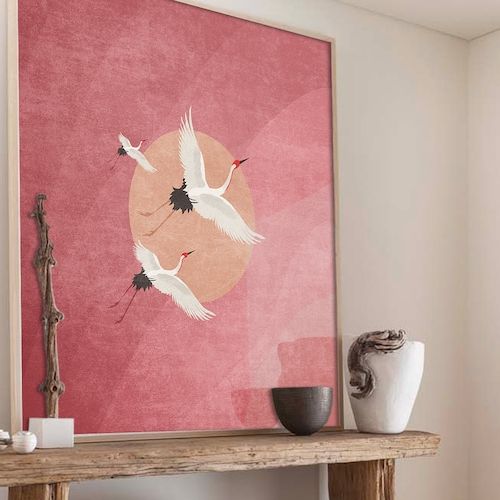 Well Known Flying Cranes Pink Sky And Sun Art Print Boho Birds Poster – Etsy With Regard To Pink Sky Wall Art (View 14 of 15)