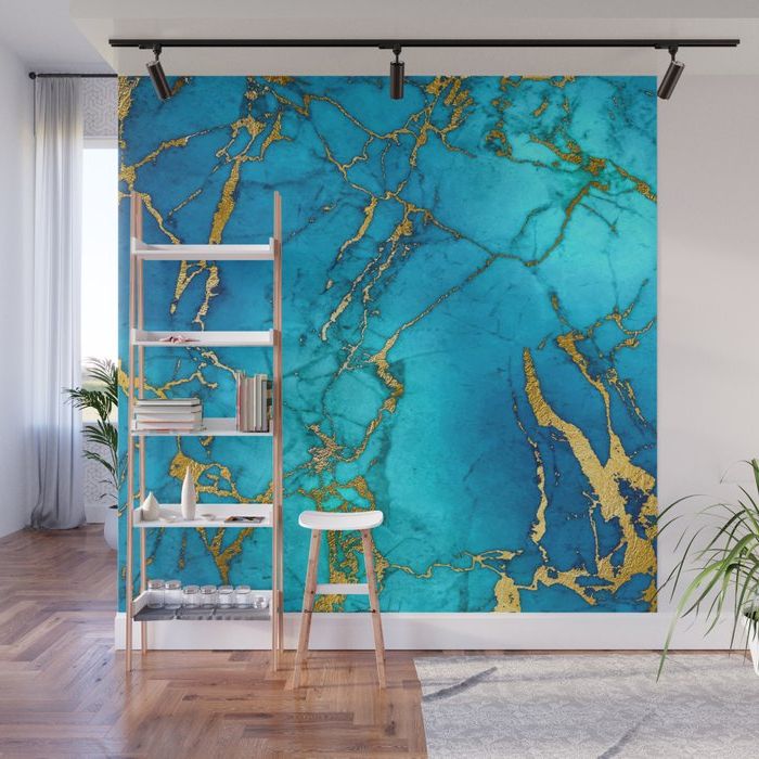 Well Known Gold And Teal Wood Wall Art With Regard To Gold And Teal Blue Indigo Malachite Marble Wall Muralutart (View 4 of 15)