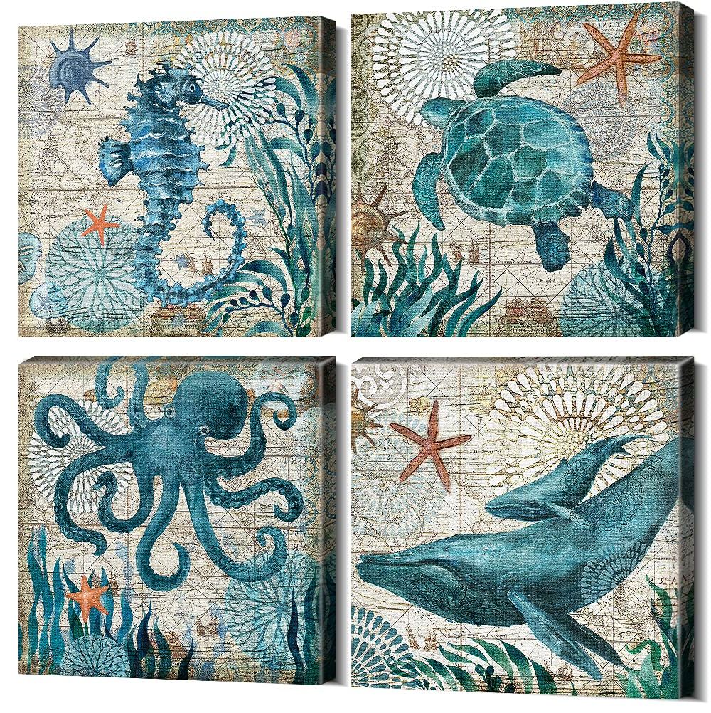 Amazon: Beach Bathroom Decor Wall Art Ocean Decor Nautical Sea Turtle Wall  Art Bathroom Pictures Coastal Octopus Canvas Painting Teal Bathroom  Accessories Bedroom Kitchen Art Home Decorations 12x12" 4 Pcs/set: Posters & With Regard To Newest Nautical Tropical Wall Art (View 7 of 15)