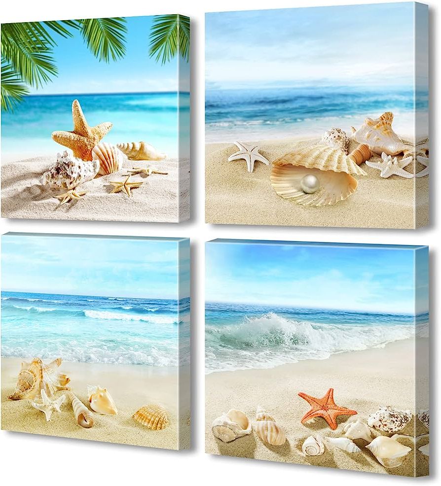 Amazon: Beach Wall Art Bathroom Paintings Decor Seashell Starfish  Nature Canvas Picture Blue Ocean Theme Decorations Posters Contemporary  Nautical For Bedroom: Posters & Prints Pertaining To Most Current Nautical Tropical Wall Art (View 15 of 15)