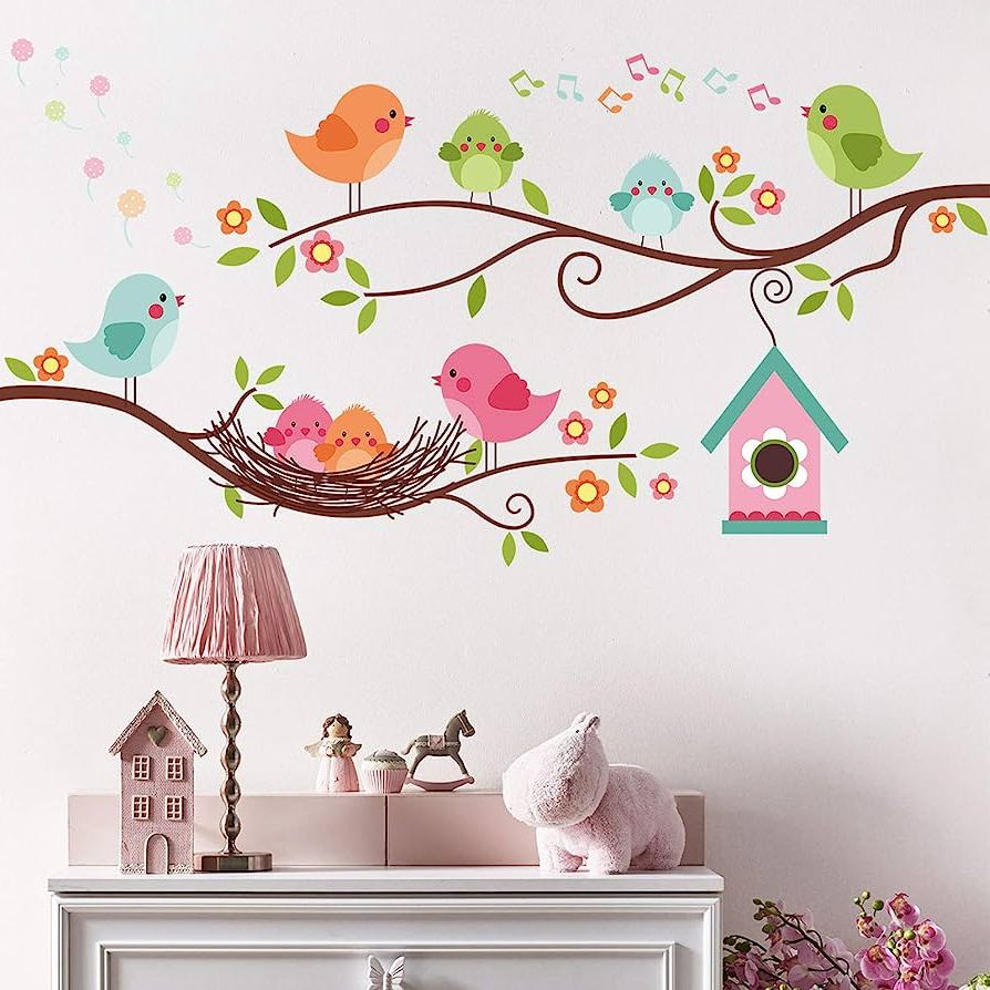 Bird On Tree Branch Wall Art Throughout Most Recent Amazon: Robin Bird And Tree Branch Wall Stickers, Colorful Cute Cartoon  Lovely Birds Singing On The Branch With Flowers Wall Decal, Dilibra  Removable Diy Mural Decorations For Living Room Bedroom Baby Room : (Photo 11 of 15)