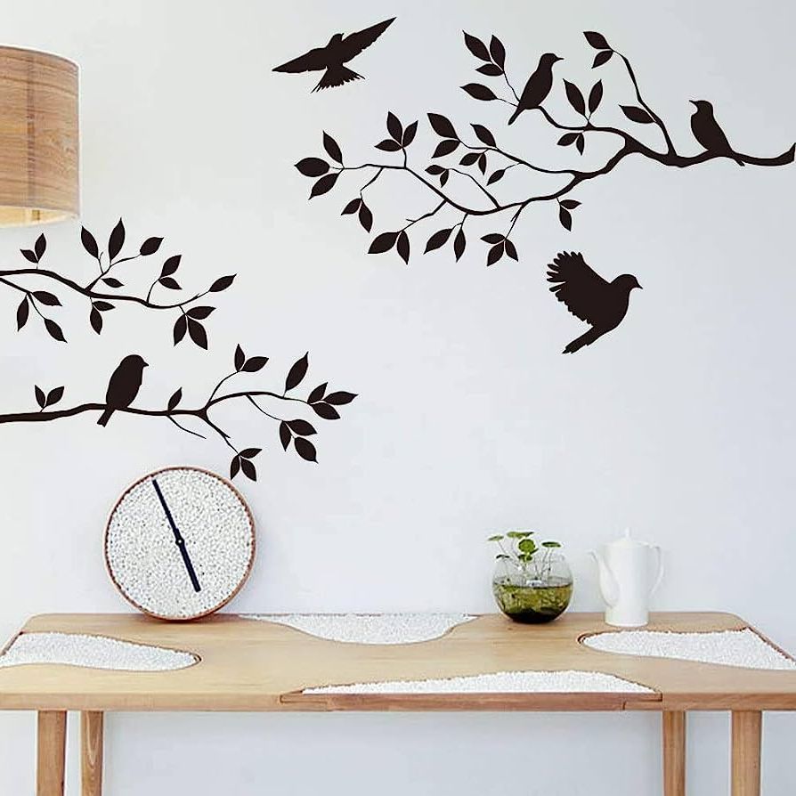 Famous Amazon: Cugbo Bird Tree Branch Wall Sticker Decal Black Vinyl Wall Art  Decor Peel And Stick Living Room Home Decoration : Tools & Home Improvement Regarding Bird On Tree Branch Wall Art (View 4 of 15)