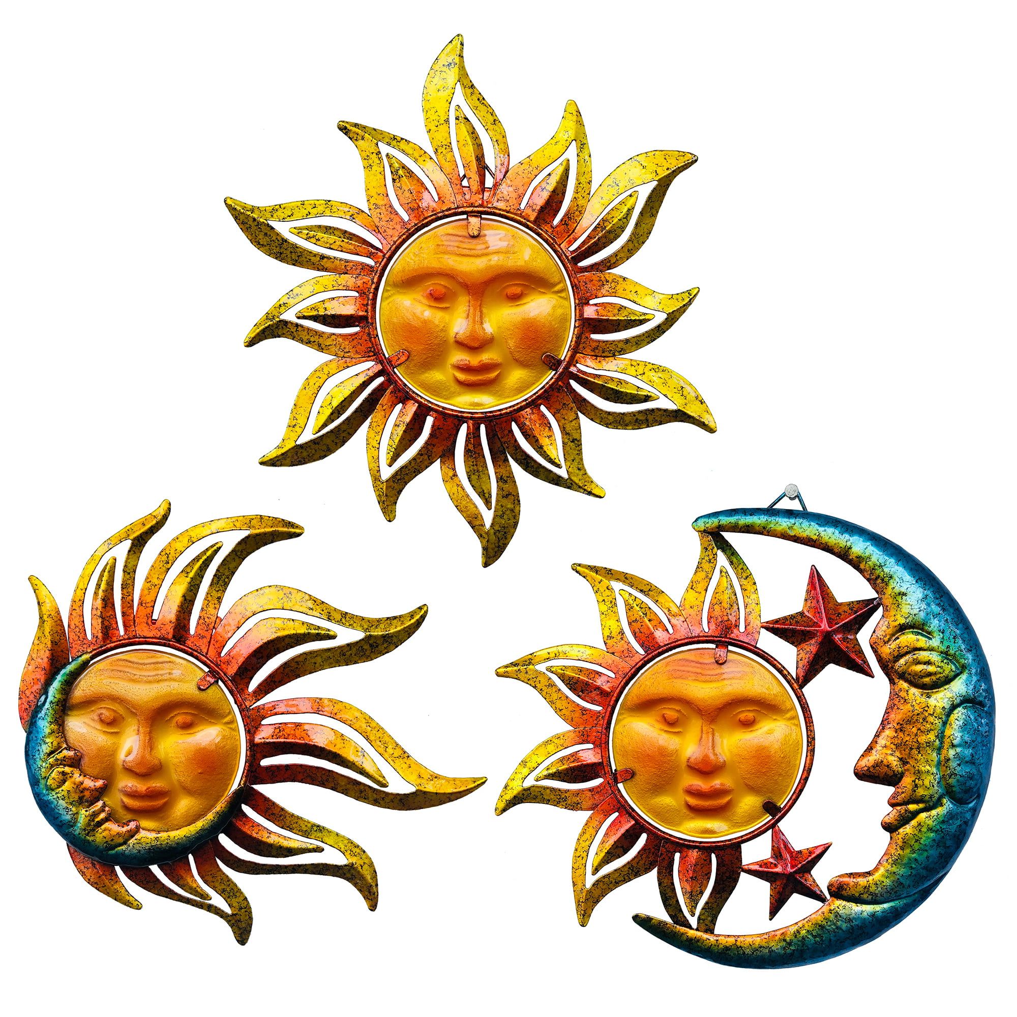 Favorite Iron Outdoor Hanging Wall Art With Sun Face Metal Wall Art Décor Outdoor Indoor, Sun Moon Star, Metal & Glass Hanging  Wall Decoration For Living Room Bedroom Bathroom Garden Patio Porch Fence  Balcony, Set Of 3, 9 Inch (Photo 9 of 15)