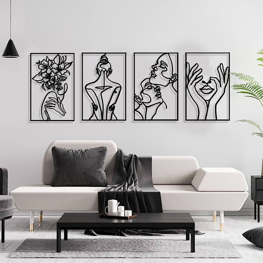Large Single Line Metal Wall Art Within Most Current Amazon: Blueyets 4 Pack Wall Decor, Large Real Metal Minimalist Wall Art,  Modern Abstract Female Flower Woman Face Lover Single Line Wall Sculptures  Set For Home Bedroom Living Room, Black B : (Photo 15 of 15)