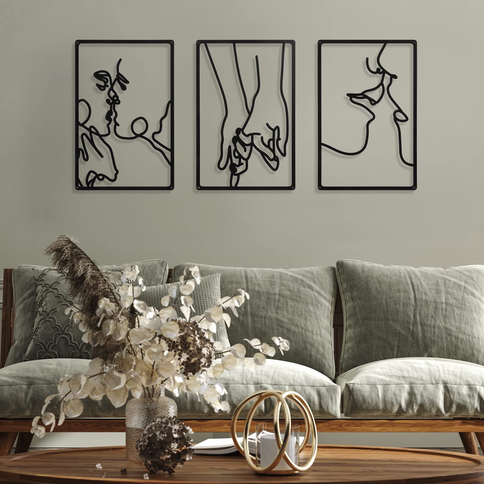 Latest Large Single Line Metal Wall Art Intended For Amazon: Chengu 3 Pieces Metal Minimalist Abstract Woman Wall Art Line  Drawing Wall Art Decor Single Line Female Home Hanging Wall Art Decor For  Kitchen Bathroom Living Room (black, Kiss Style) : (Photo 5 of 15)