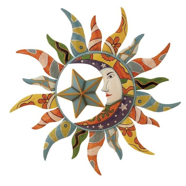 Litton Lane Metal Multi Colored Indoor Outdoor Sun And Moon Wall Decor With  Abstract Patterns 55103 – The Home Depot Inside 2018 Sun Moon Star Wall Art (View 15 of 15)