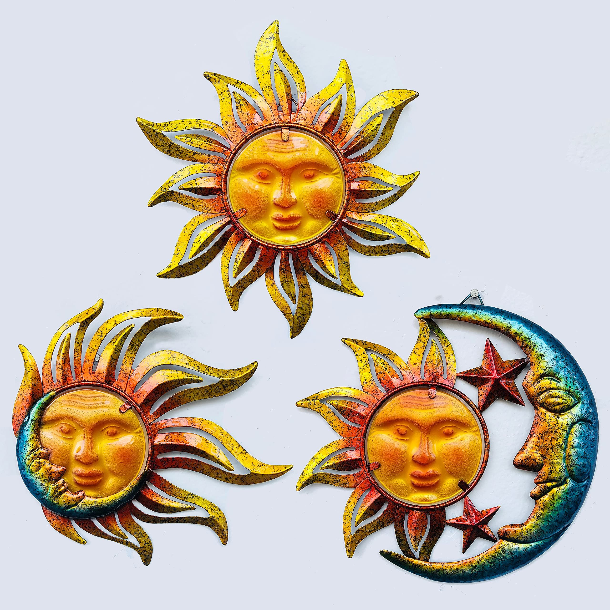 Metal & Glass Hanging Wall Art Within Most Popular Amazon: Bvlfook Sun Face Metal Wall Art Decor Outdoor Indoor, Sun Moon  Star, Metal & Glass Hanging Wall Patio Decorations For Outdoor Living Room  Bedroom Garden Porch Fence Balcony, Set Of 3, (View 2 of 15)
