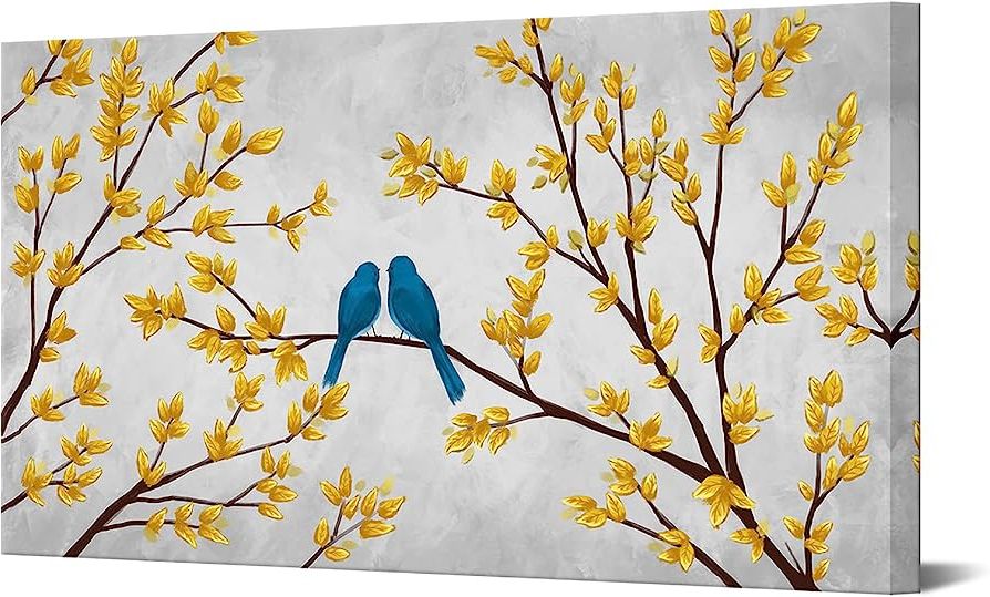 Most Current Bird On Tree Branch Wall Art With Amazon: Duobaorom Large Tree Bird Canvas Wall Art Two Loving Birds On  Yellow Tree Branch Romantic Artwork Picture Print On Canvas For Bedroom  Living Room Decor Ready To Hang 20x36inch: Posters & (View 5 of 15)