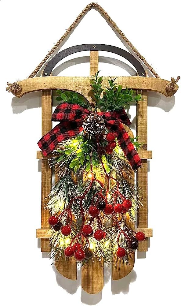 Most Popular Farmhouse Ornament Wall Art Regarding Amazon: Homirable Led Lighted Christmas Decor Pine Needles Sled Sign  For Home Wooden Rustic Sleigh Holiday Hanging Sign Winter Snow Decorative Farmhouse  Ornament Wall Art Plaque Gift : Home & Kitchen (Photo 9 of 15)
