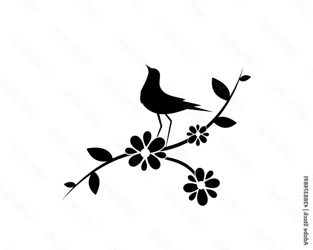 Newest Silhouette Bird Wall Art For Vecteur Stock Bird Silhouette On Branch With Flowers, Vector. Minimalist  Wall Decals, Wall Artwork. Wall Art Decoration. Bird Silhouette On Branch  Isolated On White Background (View 3 of 15)