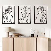 One Line Women Body Face Wall Art Intended For 2017 Amazon: Remenna Minimalist Decor Aesthetic Wall Art Decor Modern  Abstract One Line Women Body Face Art Large Metal Wall Decor For Living  Room Bedroom Bathroom Set Of 3 (black) : Home & (View 12 of 15)