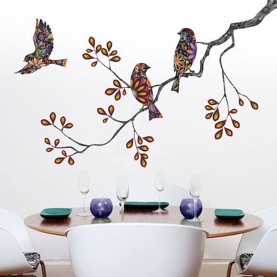 Popular Bird On Tree Branch Wall Art Pertaining To Tree Branch Decal And Bird Wall Decals In Colorful Mosaic – Etsy (View 6 of 15)