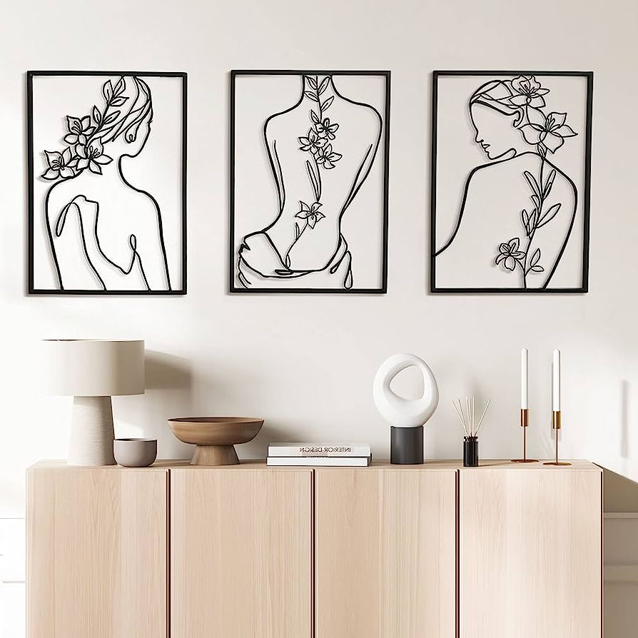 Popular Large Single Line Metal Wall Art Intended For Amazon: Remenna Minimalist Decor Aesthetic Wall Art Decor Modern  Abstract One Line Women Body Face Art Large Metal Wall Decor For Living  Room Bedroom Bathroom Set Of 3 (black) : Home & (View 6 of 15)