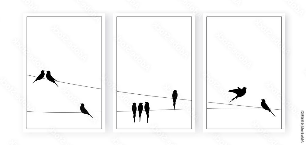 Silhouette Bird Wall Art Within Favorite Vecteur Stock Birds Silhouettes On Wire, Vector. Wall Decals, Wall Art  Work. Scandinavian Minimalist Art Design. Three Pieces Poster Design  Isolated On White Background. Flying Bird Silhouette, Illustration (View 5 of 15)