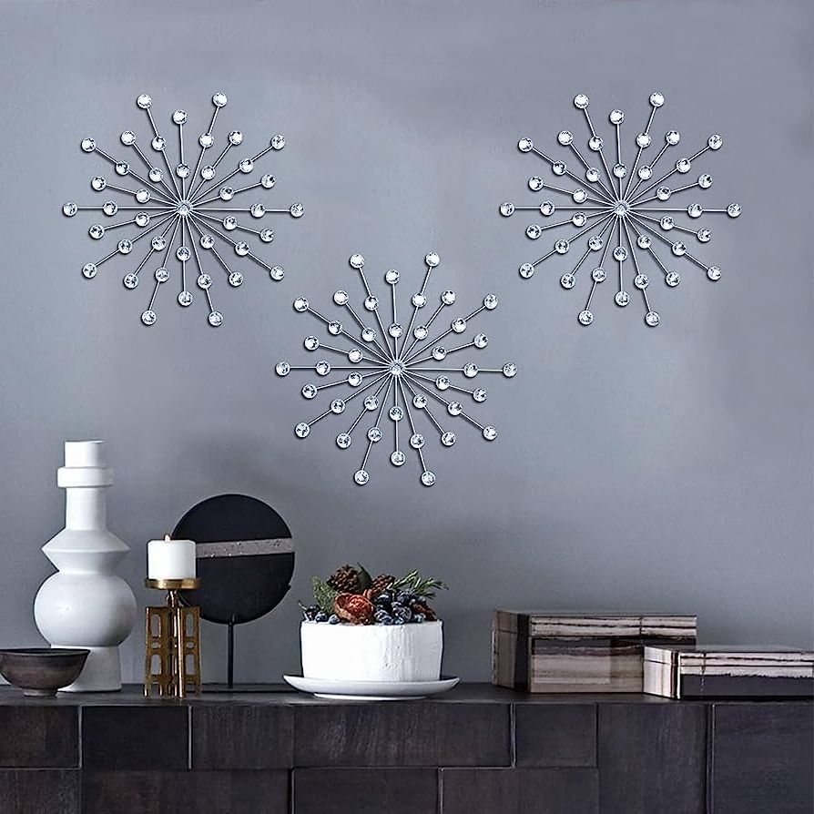 Starburst Jeweled Hanging Wall Art In Latest Amazon: Zexuiru 3 Set Silver Metal Jeweled Wall Art Bling Crystal Home  Décor Starburst Rhinestone Wall Hanging Diamond Accents : Home & Kitchen (View 2 of 15)