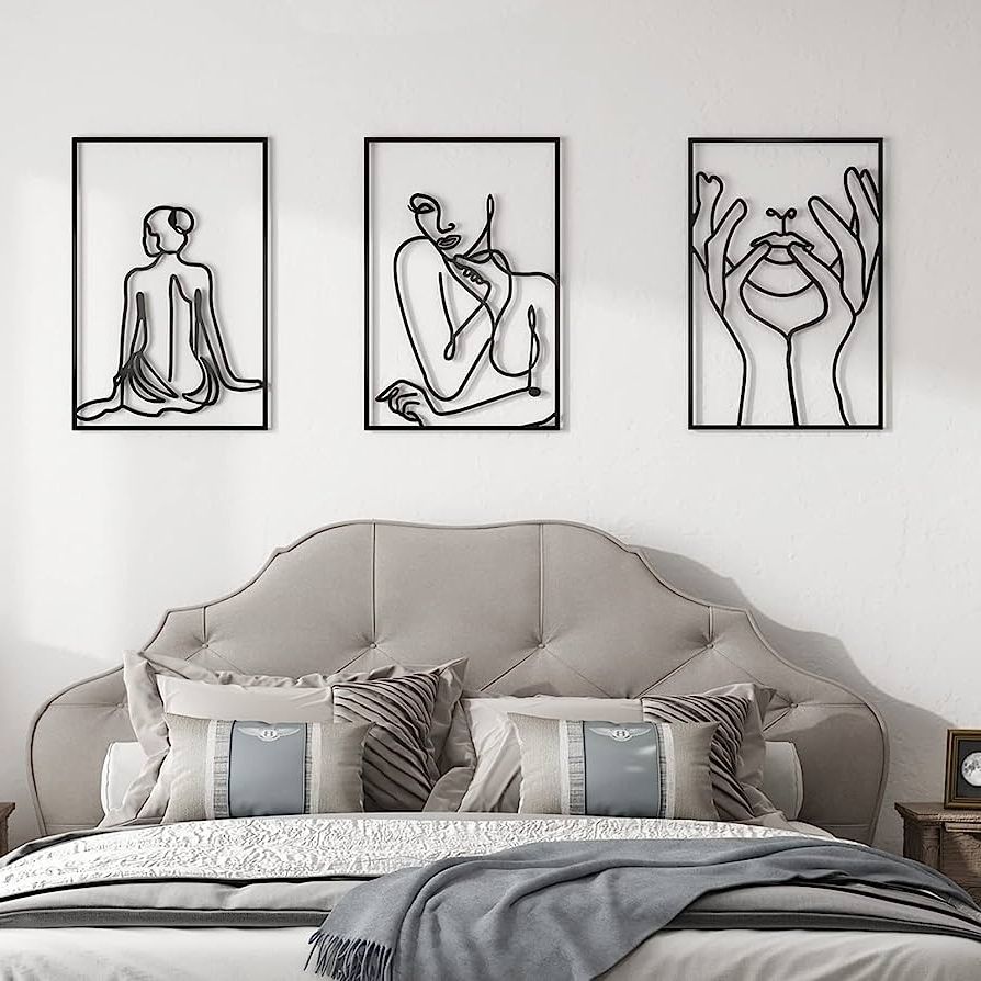 Trendy Large Single Line Metal Wall Art In Amazon: Deatee Black Metal Wall Decor Art Set Of 3, 15.7 X 23.6 Inches  Large Minimalist Wall Decor, Modern Female Single Line Abstract Room Art  Wall Decor, Wall Sculptures Accent Decor For (Photo 4 of 15)