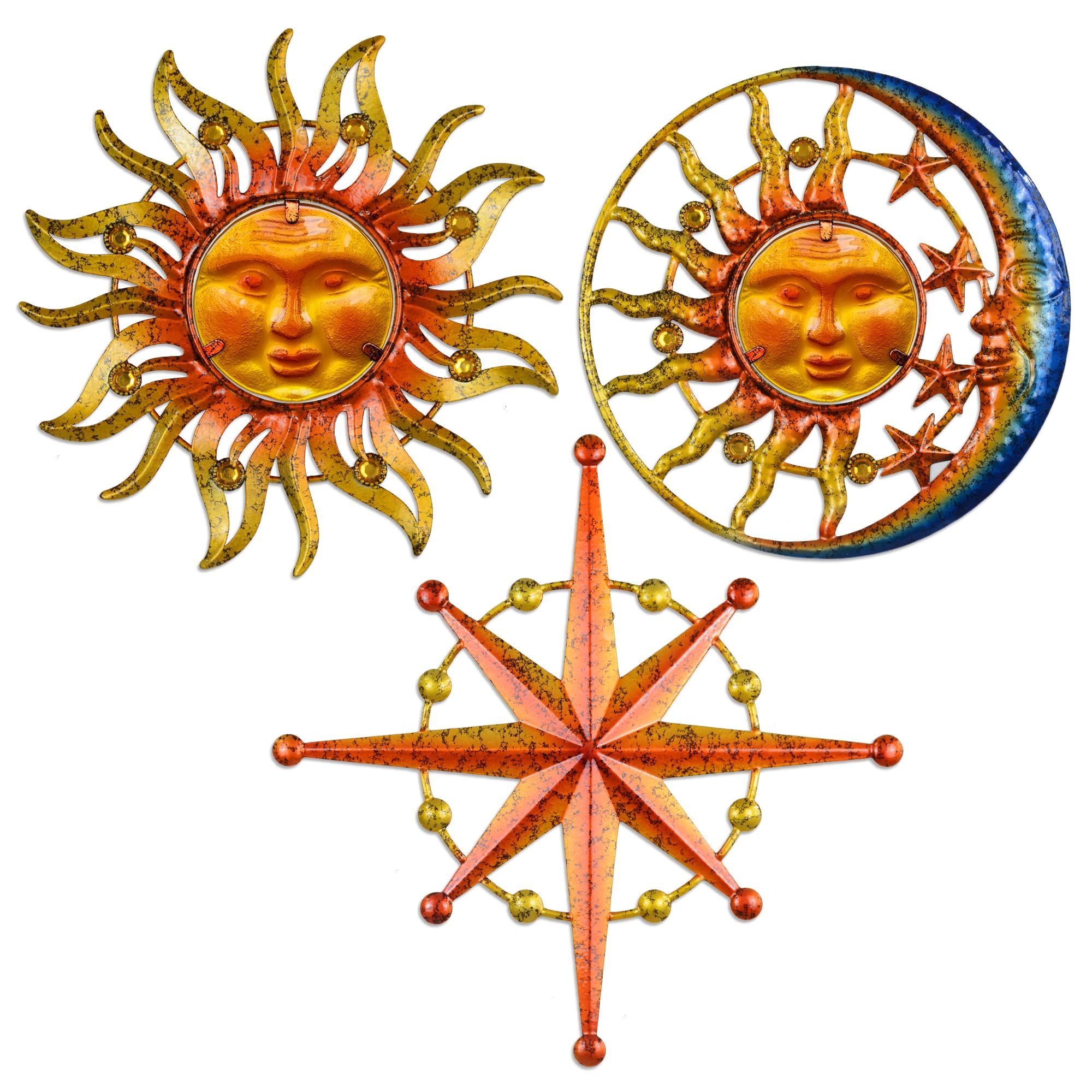 Well Known Amazon: Bvlfook Metal Sun Wall Art Decor For Outdoor Patio, Sun Moon  Star, Metal & Glass Hanging Wall Decoration For Fence Patio Garden Balcony  Porch Yard Living Room Bedroom, Set Of 3, With Metal & Glass Hanging Wall Art (View 3 of 15)