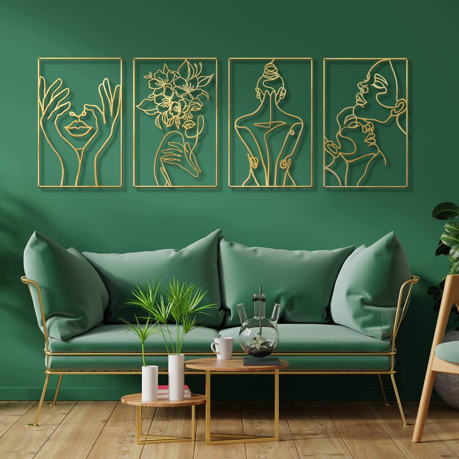 Well Known Large Single Line Metal Wall Art Throughout Amazon: Blueyets 4 Pack Wall Decor, Large Real Metal Minimalist Wall Art,  Modern Abstract Female Flower Woman Face Lover Single Line Wall Sculptures  Set For Home Bedroom Living Room, Gold : Home (Photo 2 of 15)