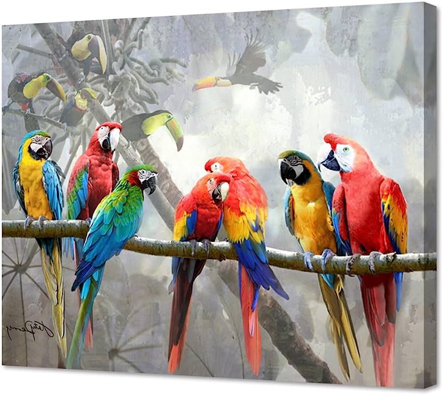 Well Liked Amazon: Parrot Pictures Canvas Wall Art – Tropical Macaw Birds  Decorations For Home Decor Framed 15x12: Posters & Prints In Parrot Tropical Wall Art (Photo 8 of 15)